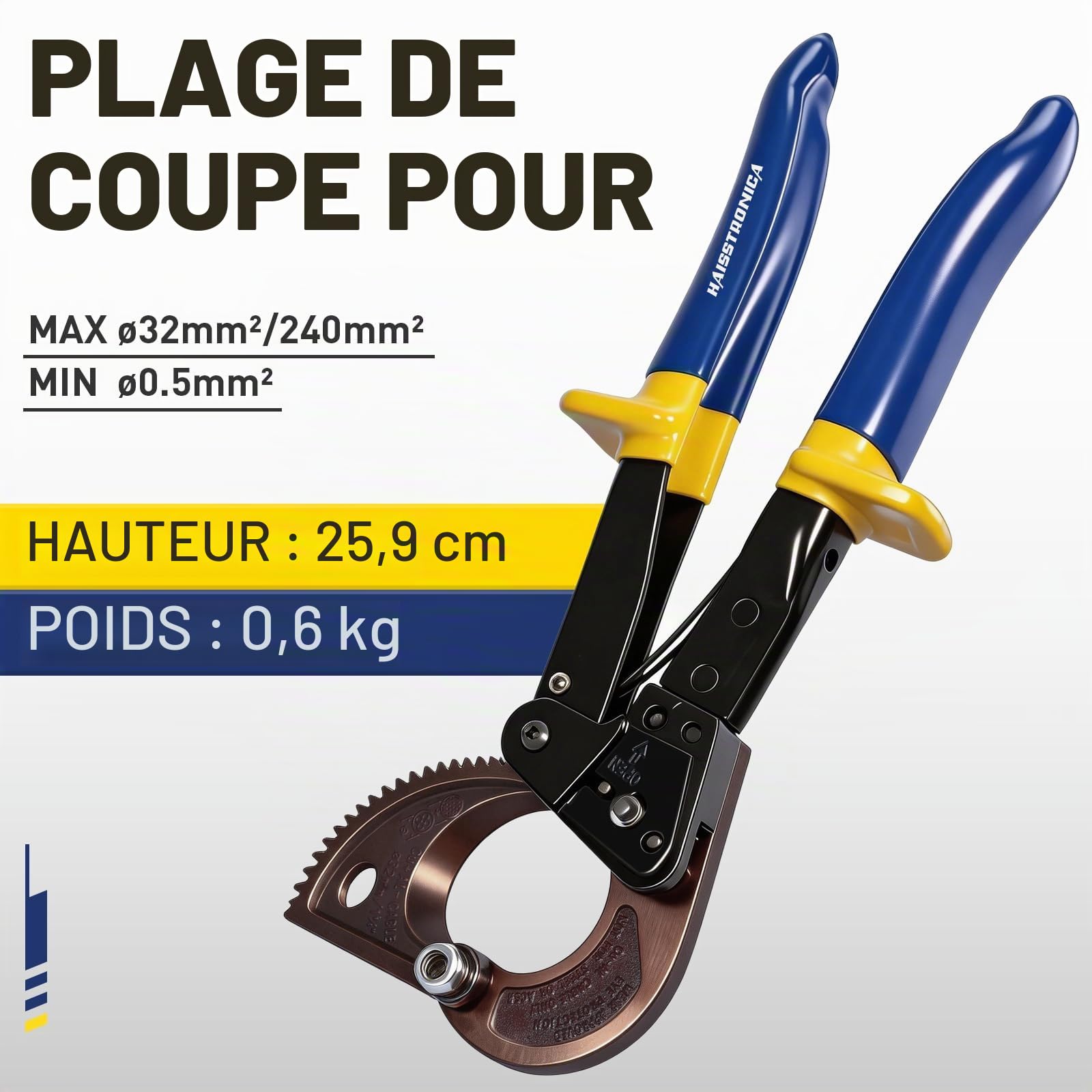 Haisstronica Coupe-câbles cliquet cuivre aluminium 500 kcmil