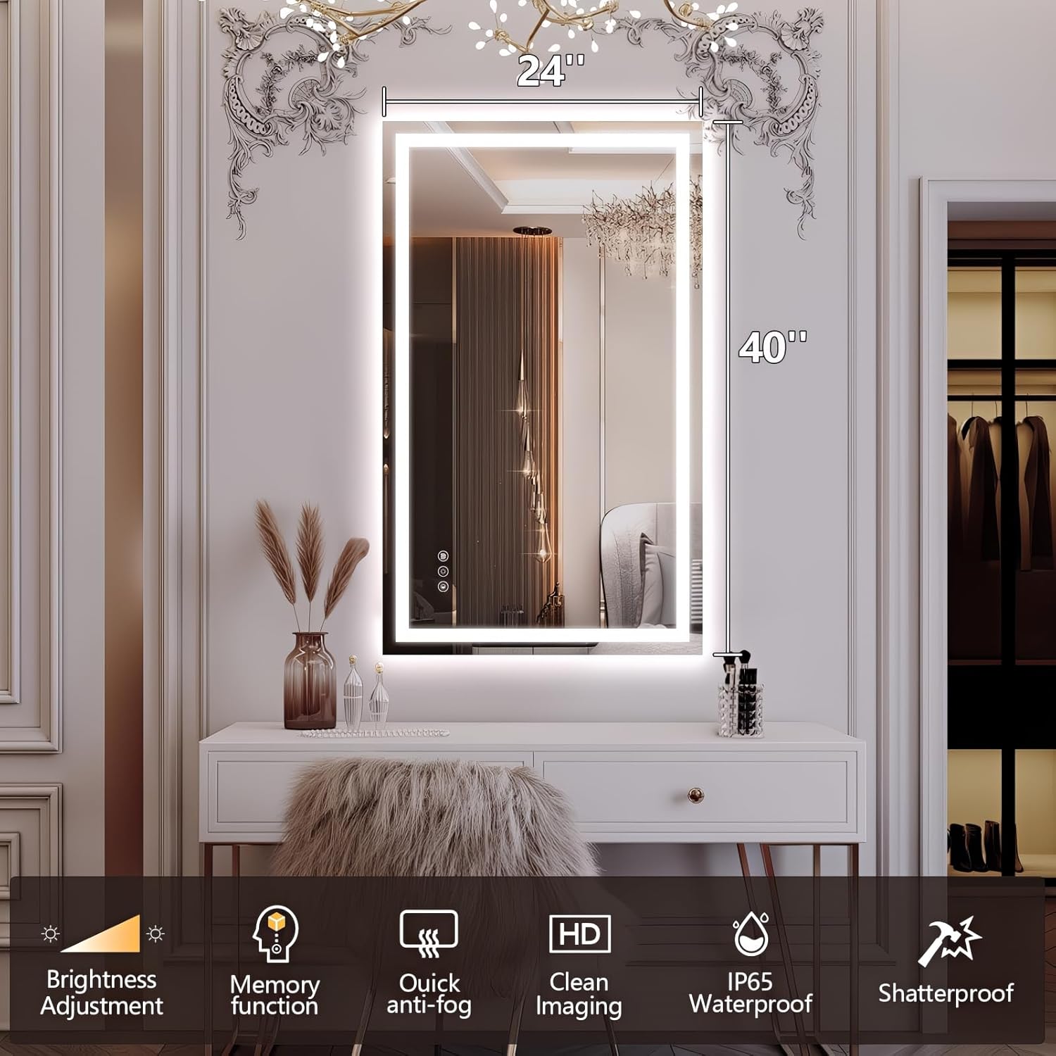 40" x 24" LED Bathroom Mirror with Lights, Front and Backlit Lighted Bathroom Vanity Mirror for Wall, Double LED Makeup Mirror, 3 Colors, Shatterproof, Anti-Fog, CR95+,Horizontal/Vertical