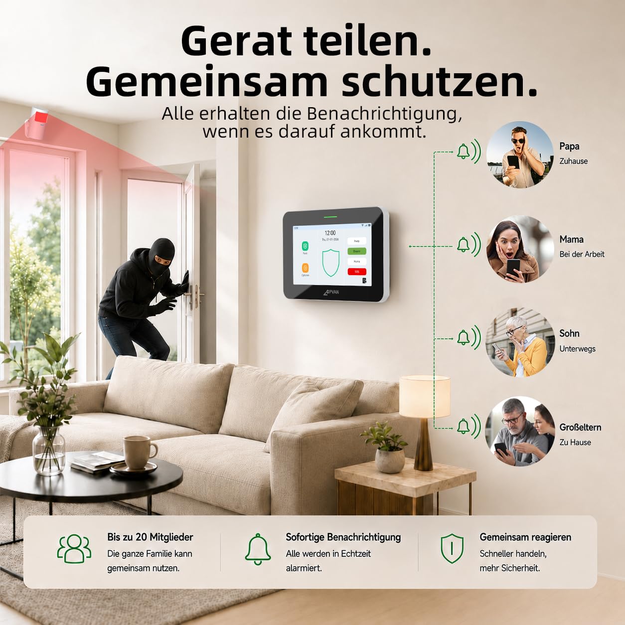 CPVAN GSM + WiFi Alarmanlage Haus mit 7" Touch Screen, Kein Vertrag Smart Komplettsysteme mit APP/SMS/Anruf Alarm, 110dB Host, Bewegungsmelder, Tür/Fenster Sensoren, Fernbedienungen, 14 Stück