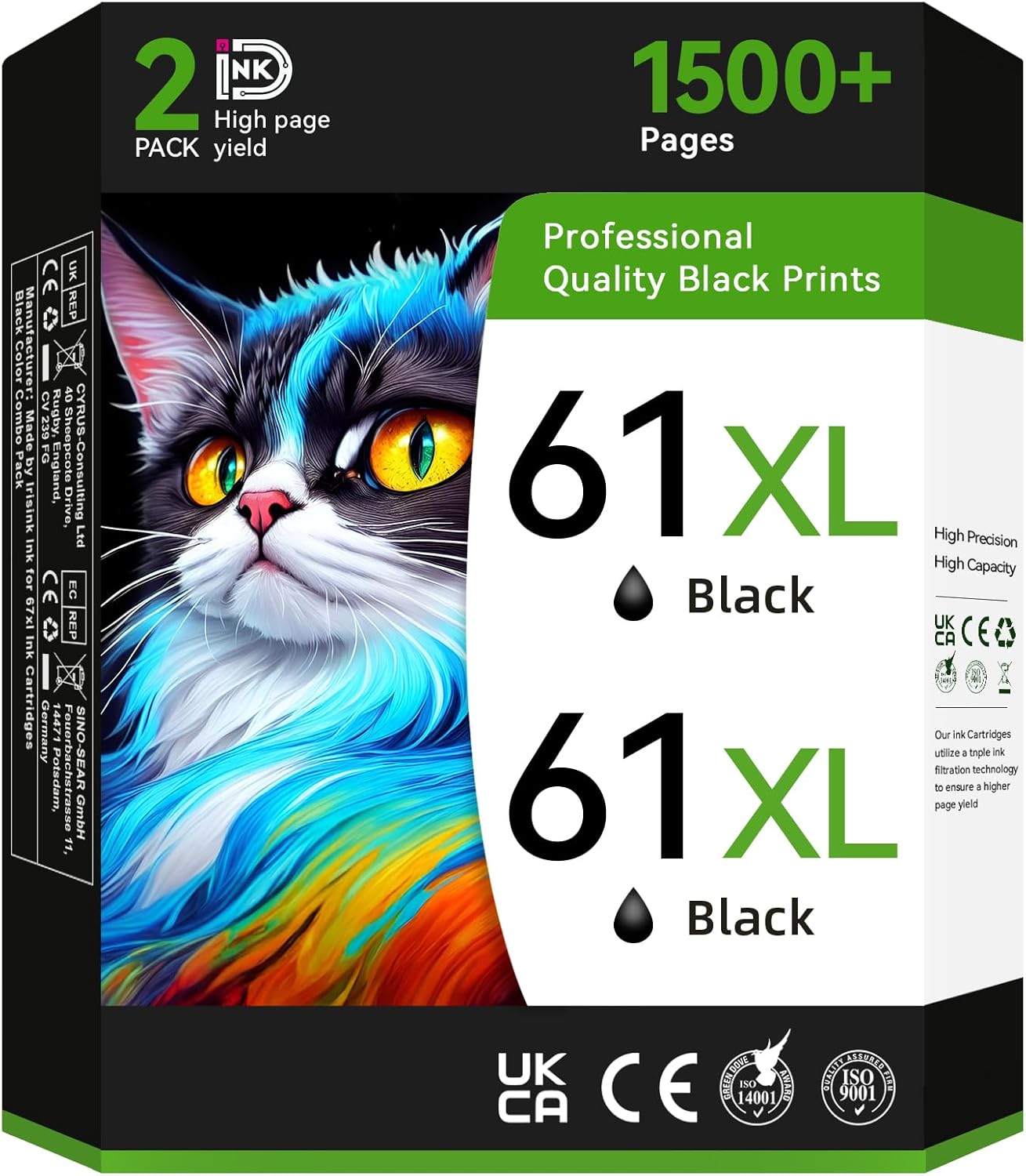 61XL Black Ink Cartridge Replacement for HP Ink 61 XL HP61 HP61XL for HP Envy 4500 4501 4502 5530 Deskjet 2540 3050 1000 1050 1056 1510 1512 1010 1055 OfficeJet 4630 Printer (2 Black)