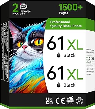 Printer Ink 61 61XL Black Compatible for HP 61 Black Ink Cartridge Work for Envy 4500 5530 4502 5535 Officejet 4630 4632 4635 DeskJet 2540 1010 3050a Printer Ink Cartridges2 Black