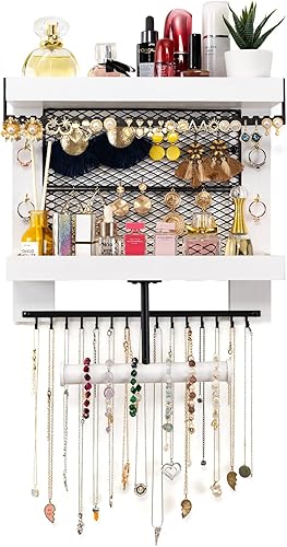 Miniatura 8 de Pinzoveco Organizador de joyas colgante montado en la pared con soporte organizador de joyas de pared para collares, pulsera, aretes, anillo (negro)