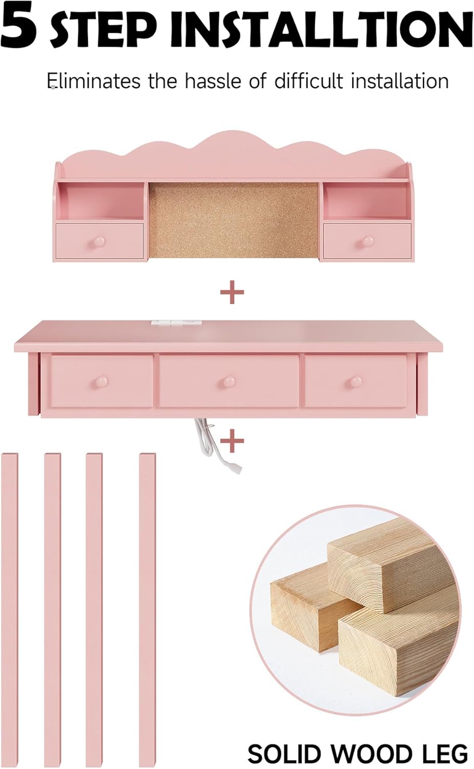 Diagram showing 5-step assembly of the desk components: hutch, desk top with drawers, and legs.