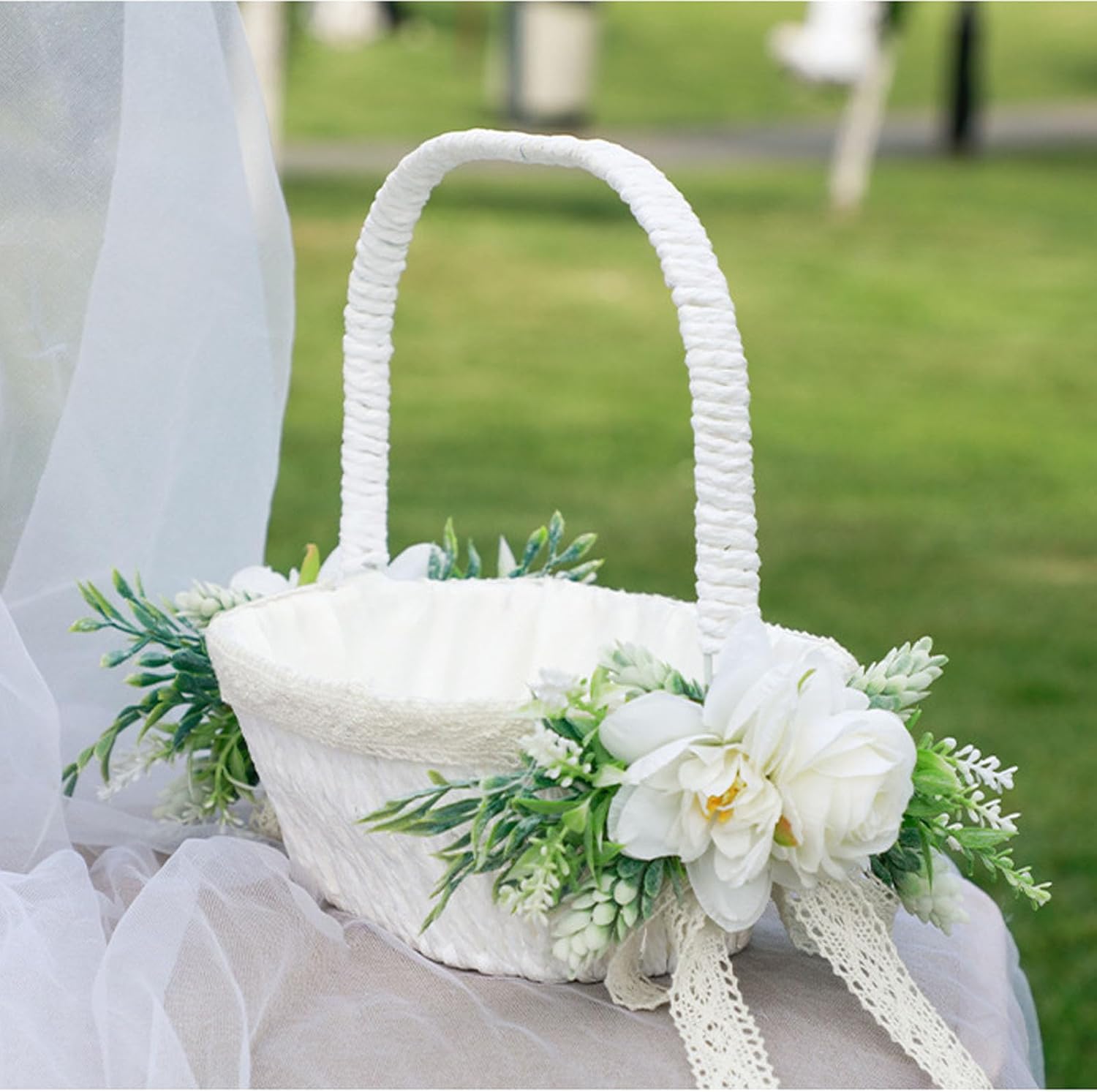 Flower Girl Basket, Romantic Elegant Lightweight Hand Woven Wedding Flower Basket, Sweet Romantic Petals Basket Lace Bowknot Bride Basket for Wedding (5799)