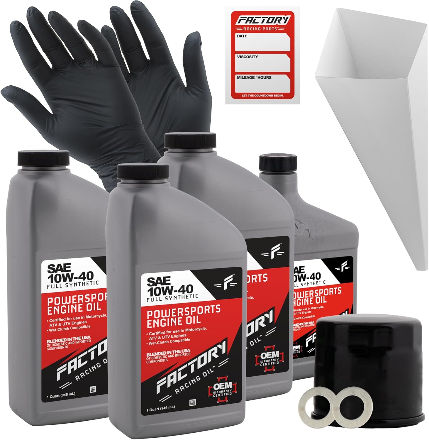 Factory Racing Parts Oil Change Kit compatible with Suzuki C90/C90T Boulevard – Includes 3.5 Quarts of 10W-40 Full Synthetic Oil, 1 Filter, 1 Crush Washer, 1 Funnel, 1 Oil Change Reminder Sticker
