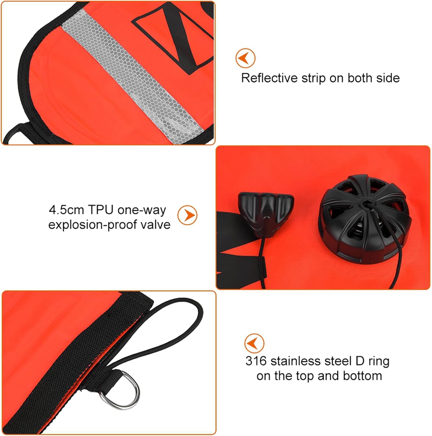 Alomejor Marker Diving Marker High Visibility Inflatable Diving SMB Buoy Accessory Reflective Strips Stainless Steel D Rings (Red)