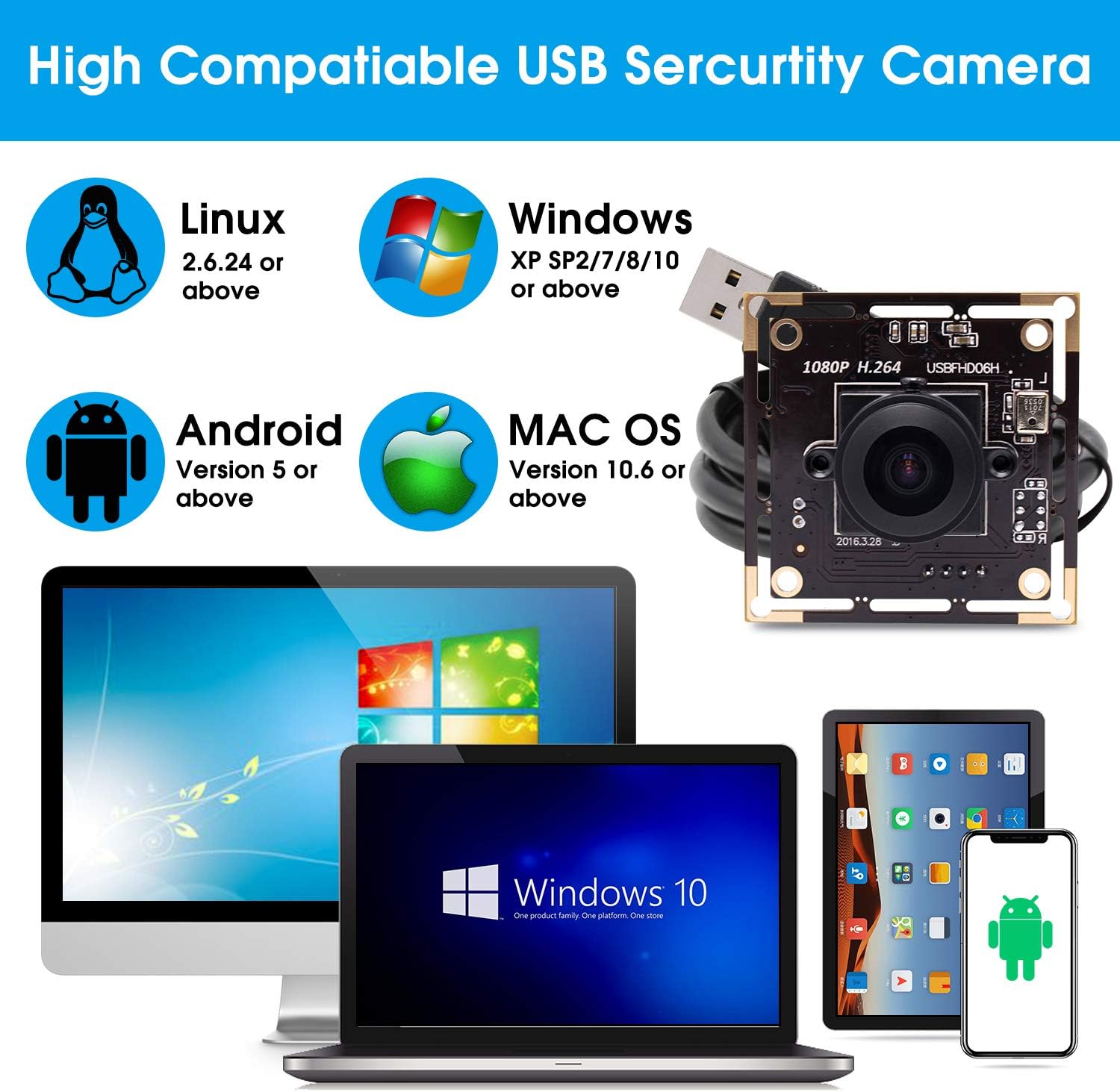 SVPRO Fisheye Lens 180 Degree USB Camera Module HD 1080P, Sony IMX323 USB Camera Board with Microphone, 0.01Lux Low Light Web Security Cam H.264 Video Output