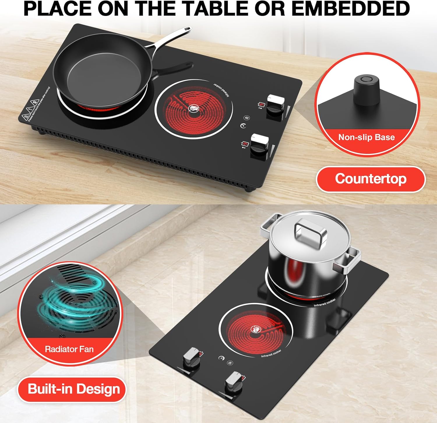 2 Burner Electric Cooktop - 2100W Electric Burners for Cooking, 12 inch Countertop Burners & Built-In Stove Top, 9 Levels of Power, Knob Control, Timer & Kid Safety Lock, Residual Heat Warning