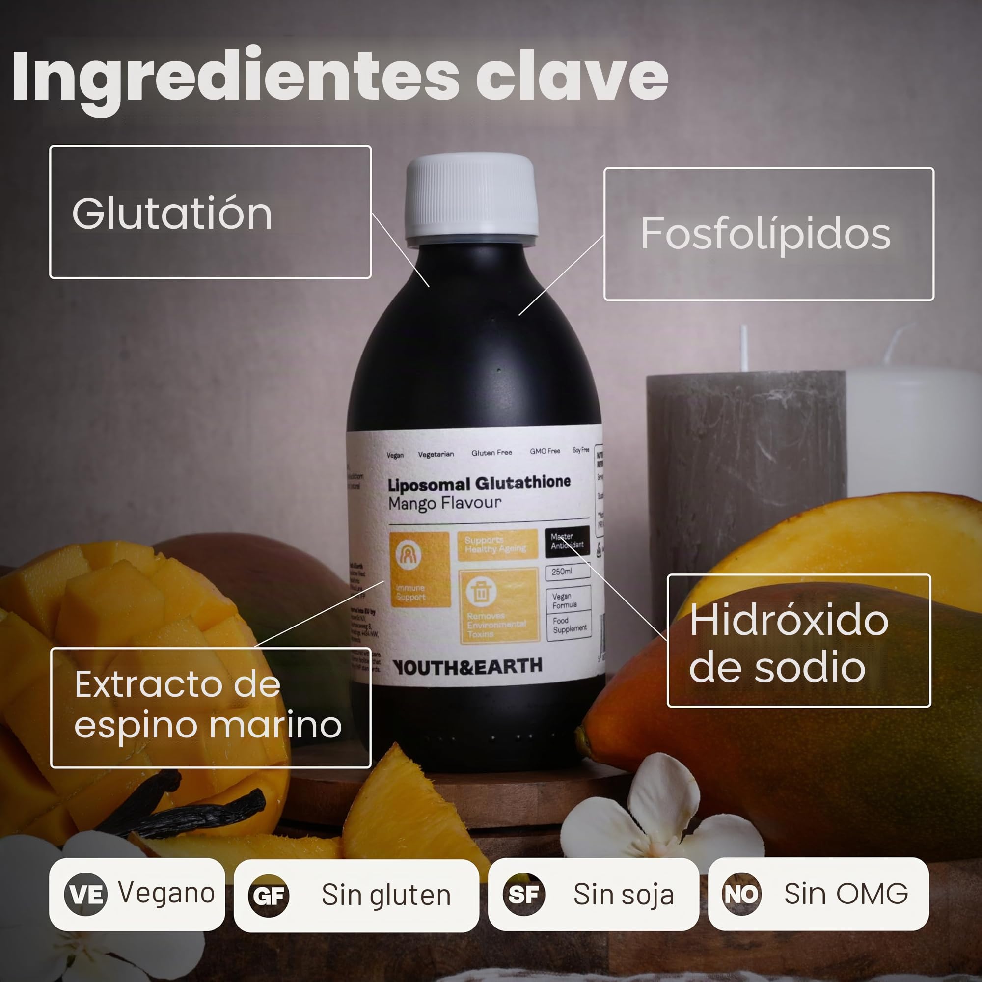 Youth & Earth Suplemento Líquido de Glutatión Liposomal, Mango, 250 ml