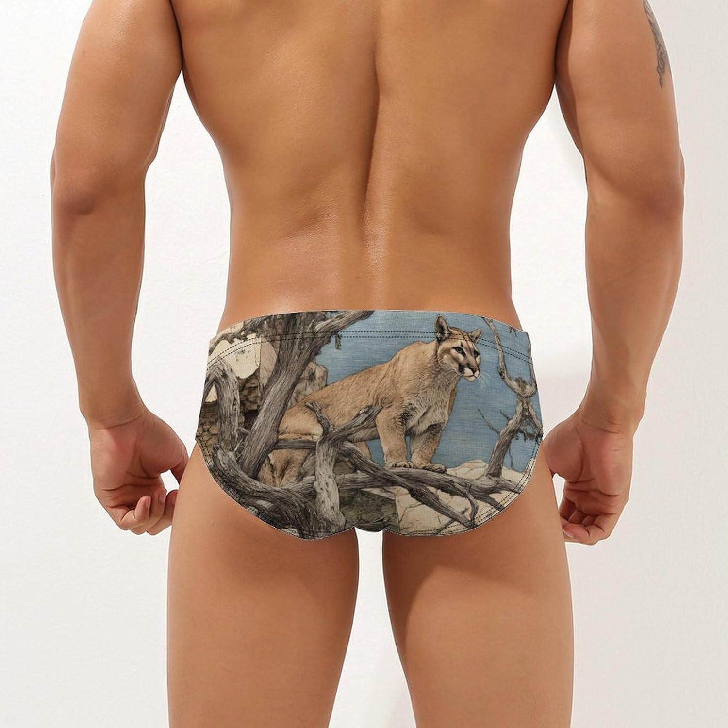 Lion Perched Branch Mountain Men's Swimwear Bikini Swimming Briefs Stretchy Swimsuits Board Surf Shorts Trunks