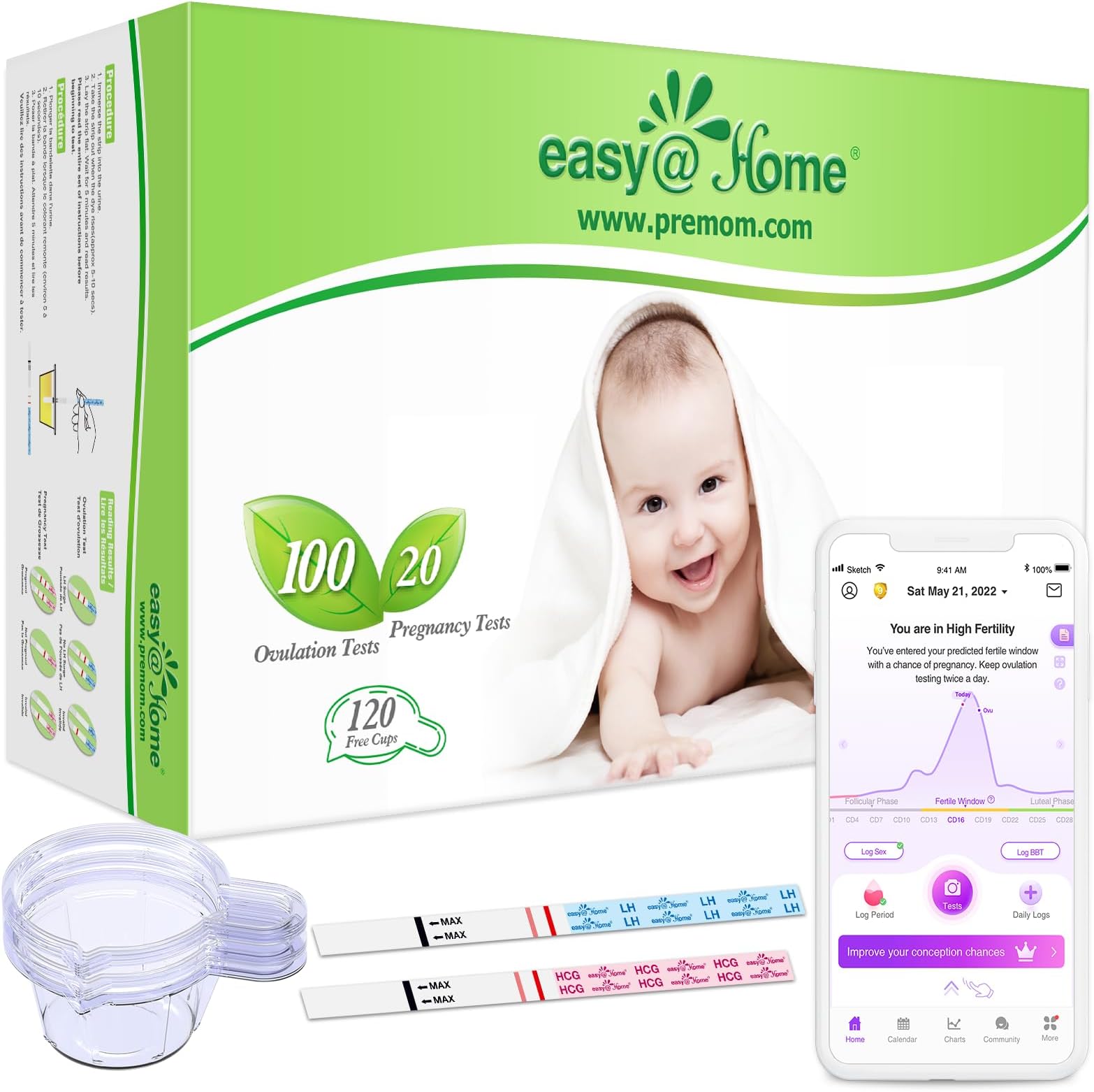 Easy@Home 100 Ovulation Test and 20 Pregnancy Test Strips, FSA Eligible Ovulation Test Kit Powered by Premom Ovulation Predictor Free APP,100LH + 20HCG + 120 Urine Cups-Package May Vary