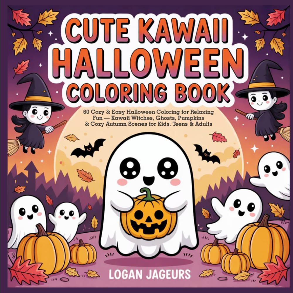 CUTE KAWAII HALLOWEEN COLORING BOOK: 60 Cozy & Easy Halloween Coloring for Relaxing Fun — Kawaii Witches, Ghosts, Pumpkins & Cozy Autumn Scenes for Kids, Teens & Adults