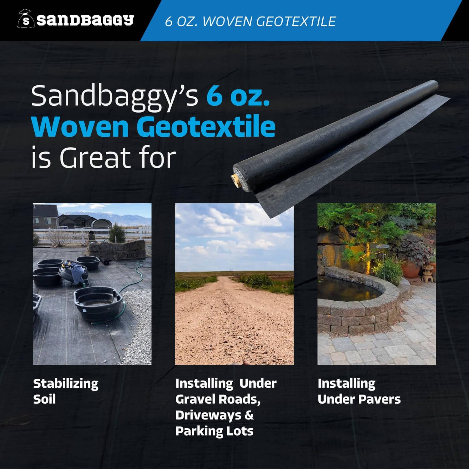 Sandbaggy 6 oz Heavy Duty Woven Geotextile Landscape Fabric (15 ft Wide) | 50 Year Fabric | 2X Thicker | Soil Stabilization & Separation | Roads, Driveways, Retaining Walls (15 ft x 100 ft, 40, Count)