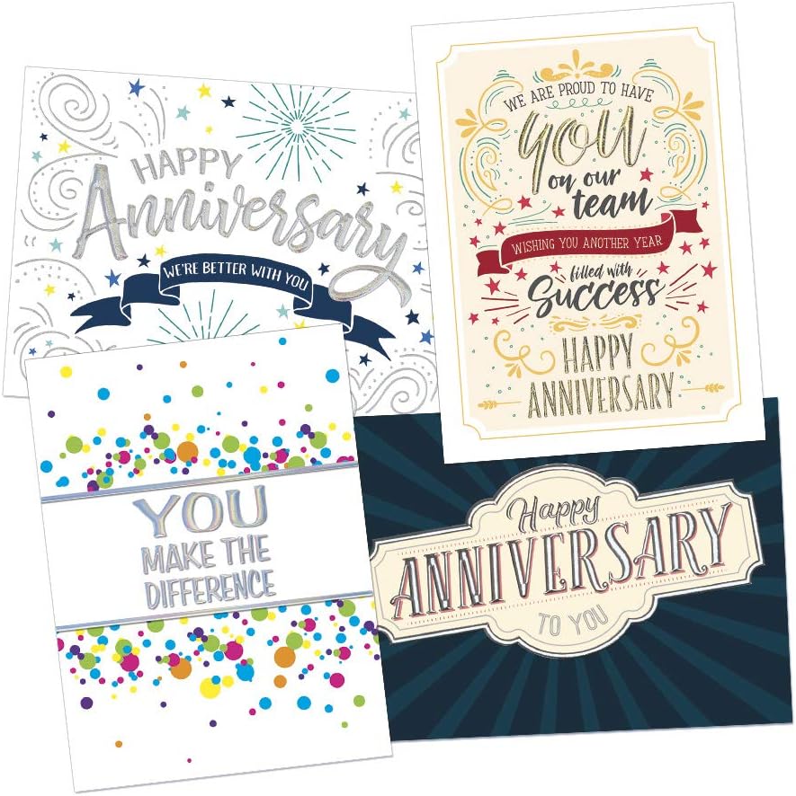 50 Employee Anniversary Cards - 4 Celebratory Designs - 52 White Envelopes - FSC Mix