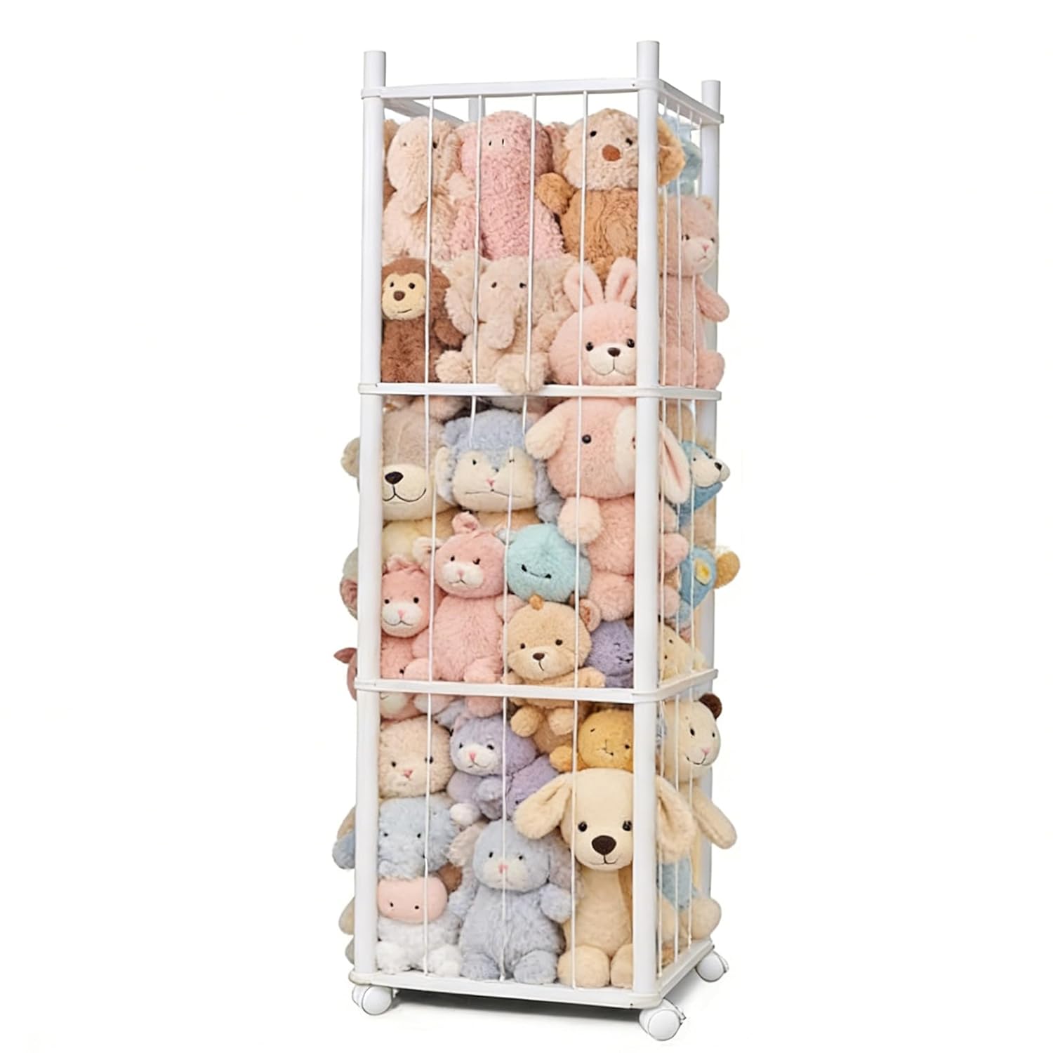 Stuffed Animal Storage Kids, Wood Stuffed Animal Zoo Storage with Brake Wheels, Stuffed Animal Organizer with Elastic Cords for Kids, Perfect for Nursery Playroom Kidroom Bedroom - White