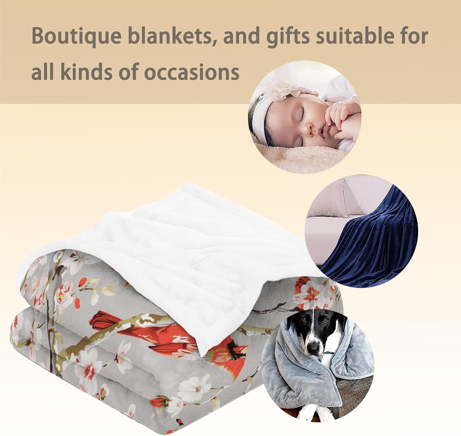 Vibrant Cardinal and Blossom Blanket - Soft, Cozy, Lightweight, and Fuzzy Flannel Throw - Ideal for Couch, Bed, Travel, and Outdoor Use - Fluffy Home Decor with Stunning Bird Design 60"x50"
