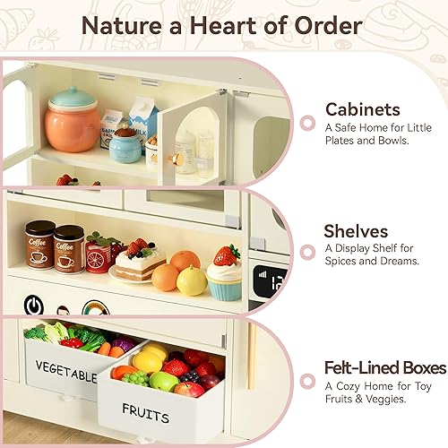 Miniatura 6 de Juego de cocina para niños pequeños con cajas de almacenamiento de fieltro y gancho de rango, juego de cocina de madera para niños con horno,