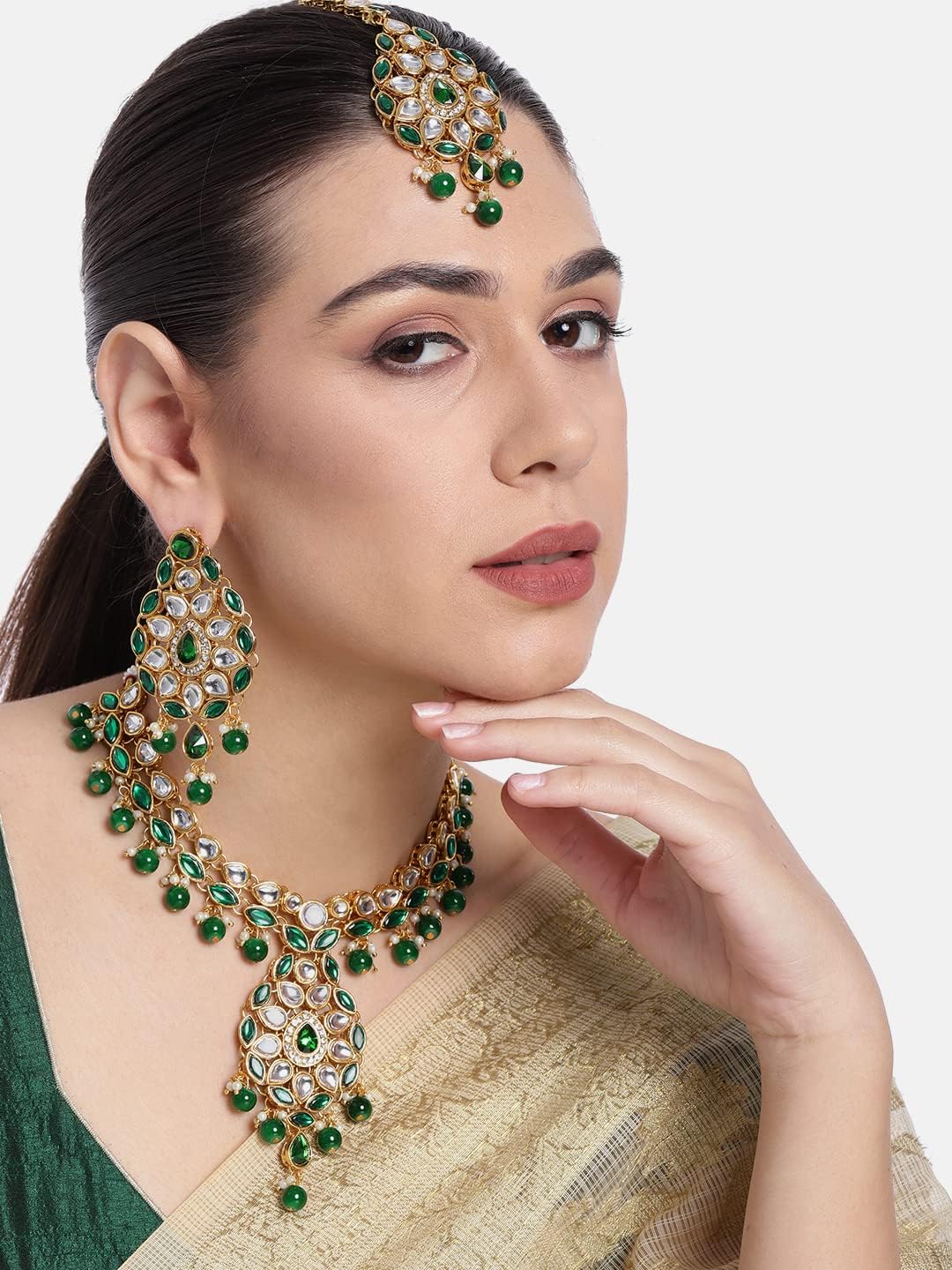 Aheli Green Gold Plated Kundan Studded Choker Necklace with Long Earring & Maangtikka Jewelry Set Gift for Women - Image 3