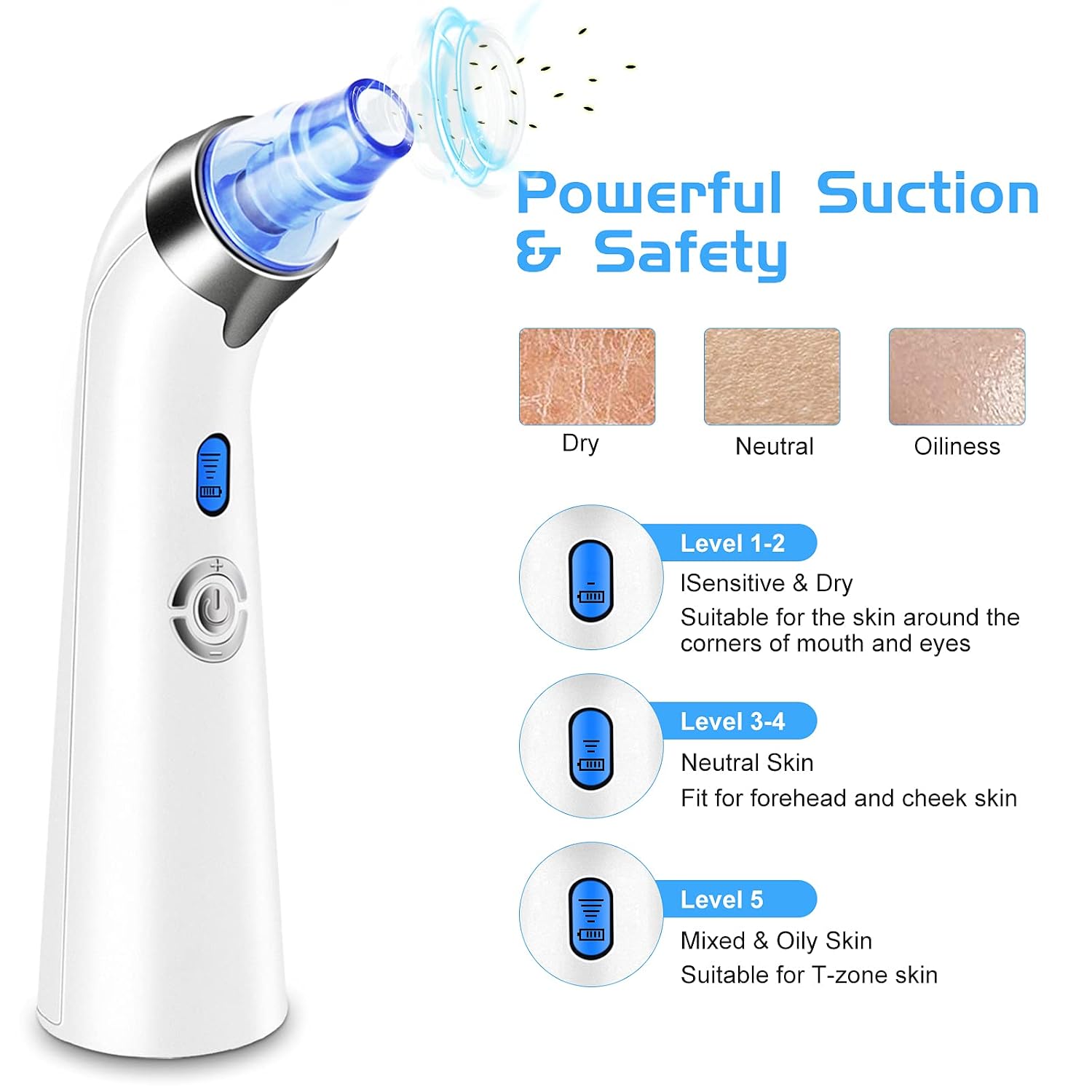 𝐁𝐥𝐚𝐜𝐤𝐡𝐞𝐚𝐝 𝐑𝐞𝐦𝐨𝐯𝐞𝐫 𝐏𝐨𝐫𝐞 𝐕𝐚𝐜𝐮𝐮𝐦 - Pore Cleaner - Electric Acne Comedone Whitehead Extractor Tool, 5 Suction Power 4 Probes, USB Rechargeable Blackhead Vacuum Removal Kit (Blue)