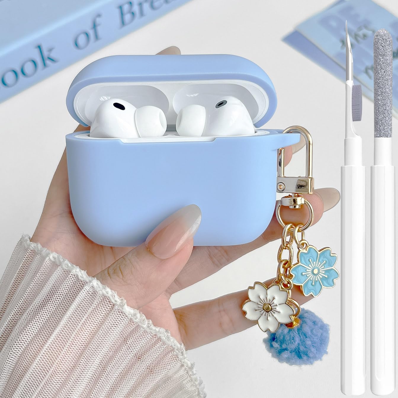 Cute Case for Airpods Pro 2/1 Cover for Girl Women with Pom pom Flower Keychain & Cleaner Kit, Soft Silicone Airpods iPod Pro 2/1 Gen Protective Cover
