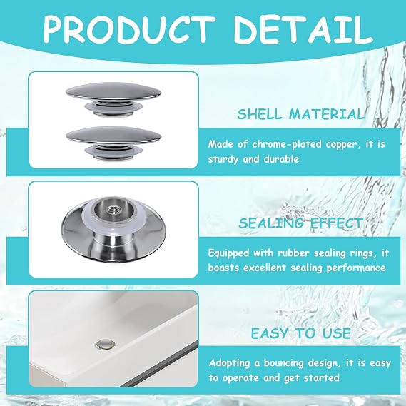 2 Pcs Pop Up Sink Plug Replacement, 66mm Chrome Click Clack Basin Plug, Sliver Bathroom Sink Plug, Waste Replacement Parts for Bathroom and Kitchen