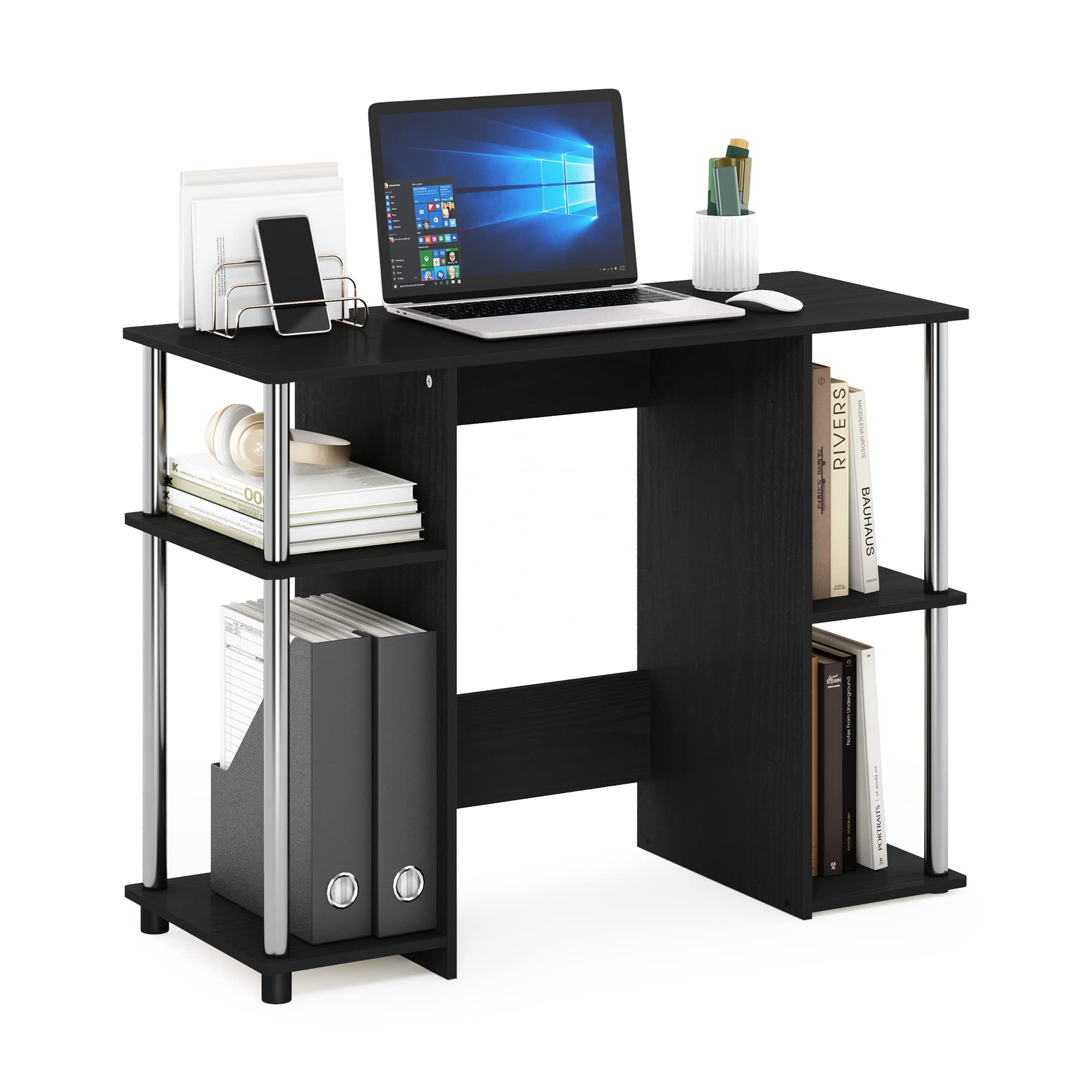 Furinno Computer Study Desk, Engineered Wood, Americano/Stainless Steel, 39.5 (D) x 97.51 (W) x 72.59 (H) cm