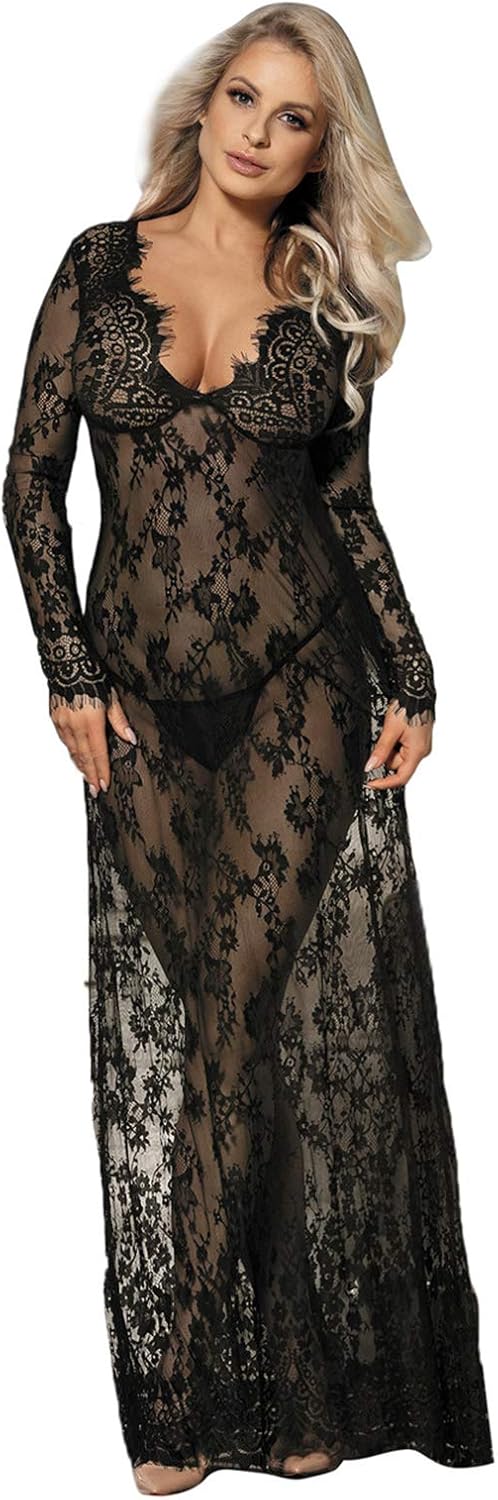 Women's Sexy Long Lace Dress Sheer Tulle Dress Kimono Nightgown,Black,XXXL
