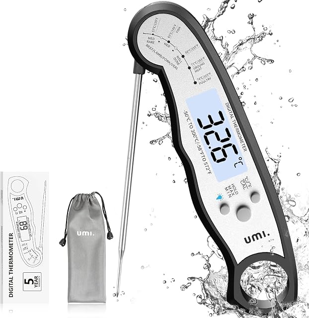 Amazon Brand - Umi Meat Thermometer, Instant Read Food Thermometers with Long Probe, Large LCD Screen, Temperature Alarm, Magnet, Digital Cooking Thermometer for Kitchen, BBQ and Grilling Black
