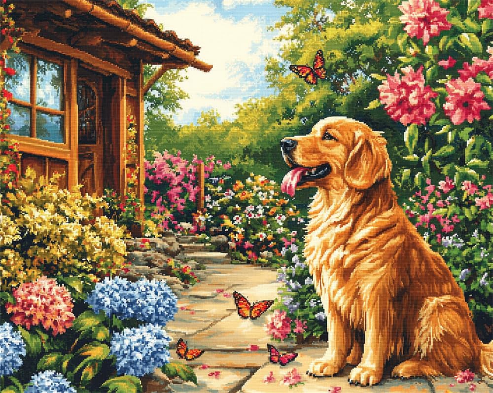 Henypt Counted Cross Stitch Kits for Adults Embroidery A Dog and Butterflies in A Courtyard 11Ct Stamped Cross Stitch Kit Pattern Embroidery Kit Pre-Printed Fabric Home Decor Adult Craft Kits