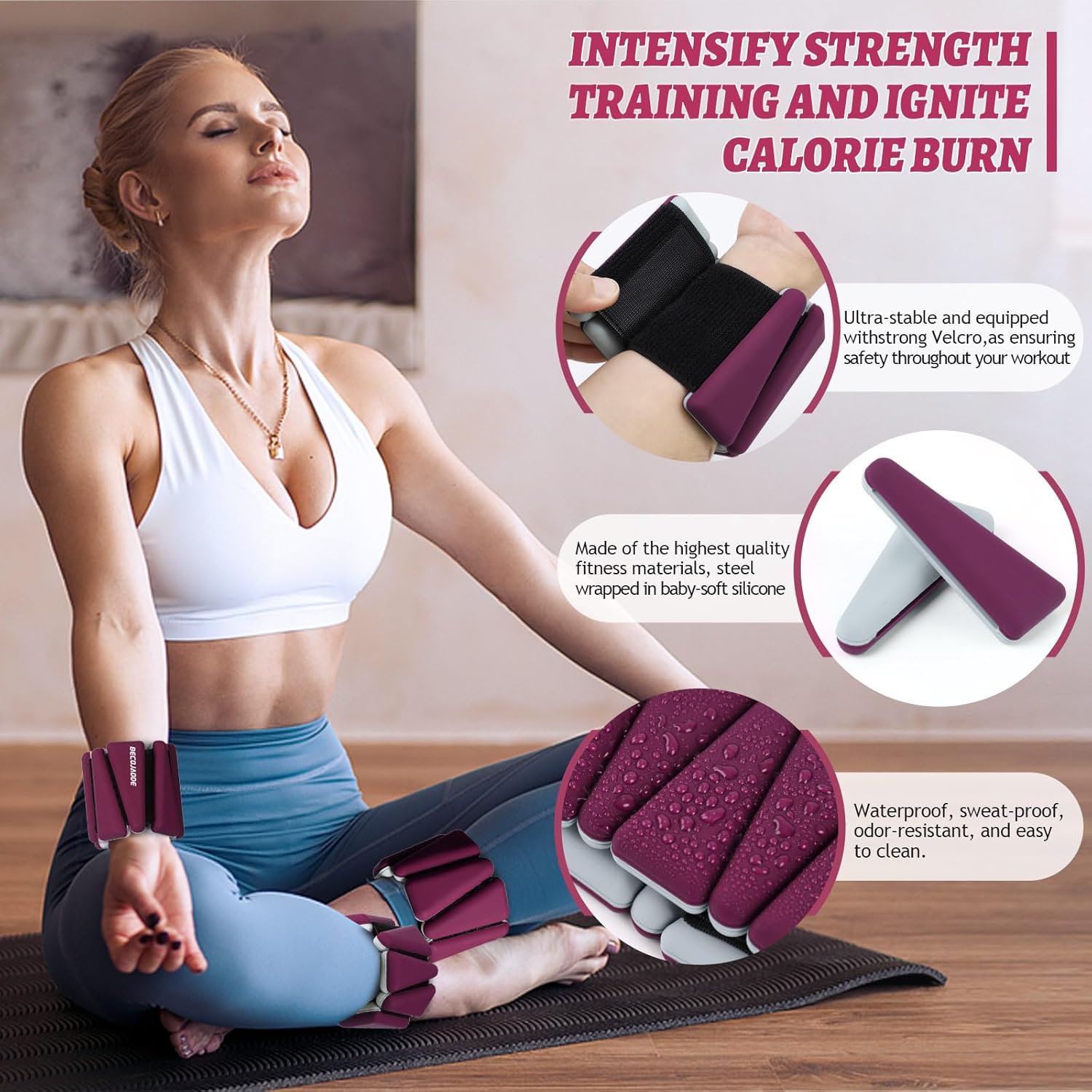 BECOJADDE Ankle Weights Set of 2 (1 lb/2 lb/3 lb Each) Adjustable Wrist Weights for Women Men Wearable Arm Leg Weight for Pilates, Running, Walking, Workout, Yoga