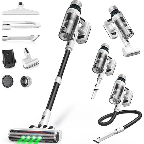 Cordless Vacuum Cleaner, 55Mins Vacuum Cleaners for Home, 15-in-1 Self-Standing Stick Vacuum with LED Light, Anti-Tangle & Wall Mount Charge, Lightweight Vacuum for Hard Floors Carpets Pet Hair