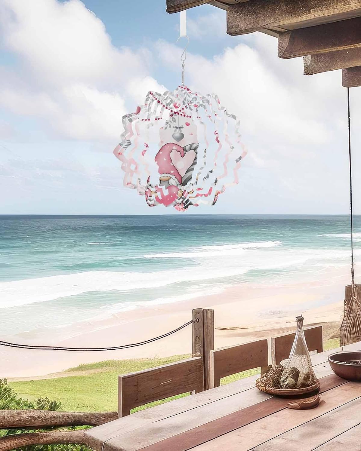Pink Romantic Valentine's Day Wind Spinners for Yard and Garden, Metal Wind Spinner Hanging for Outdoor Indoor, Rose Gnome Hearts Porch Garden Wind Sculptures Ornament Spinner 12inch(Floral)