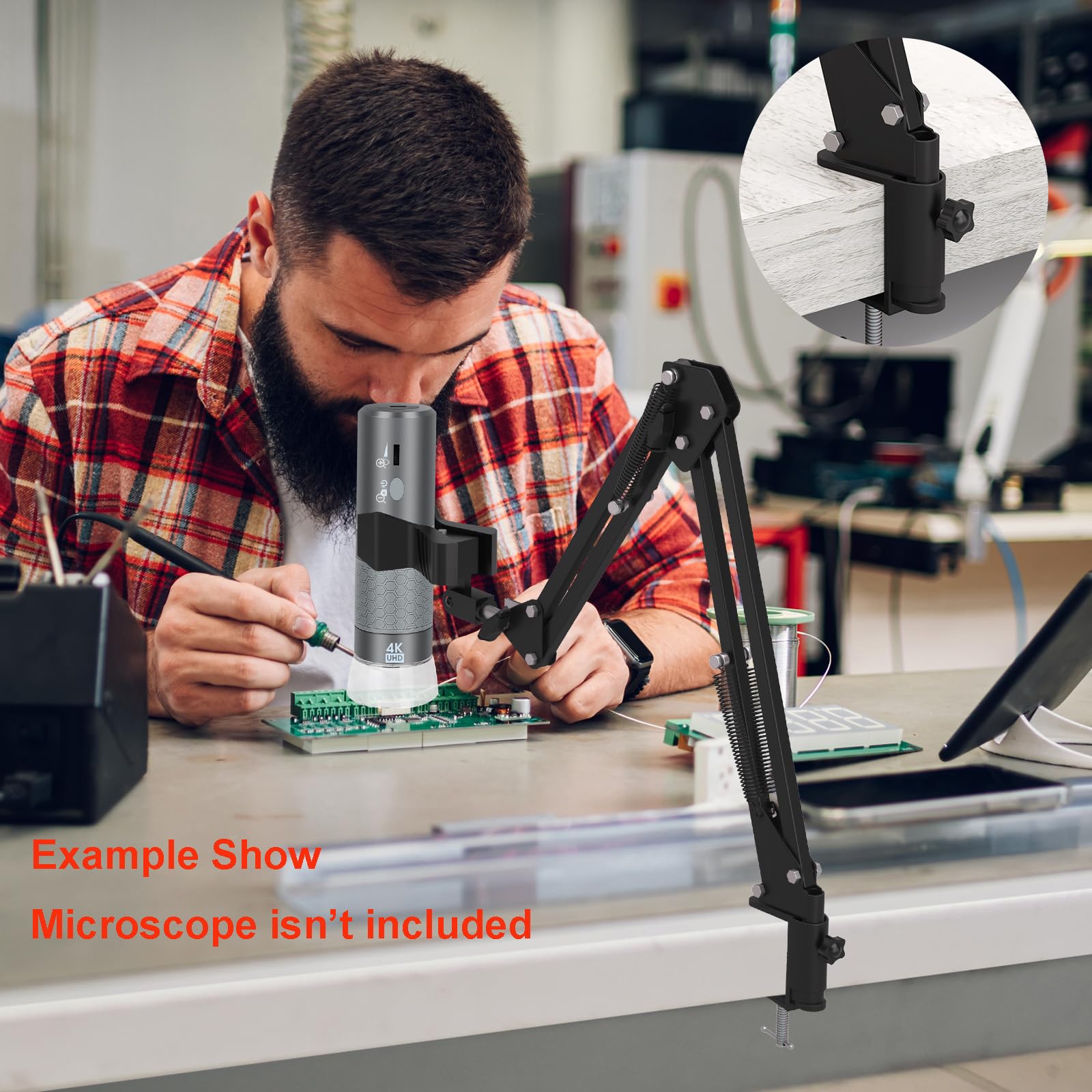 Max 21" Supporto universale regolabile per microscopi digitali - Braccio girevole a 360°, morsetto da tavolo incluso - Supporta microscopi USB/WiFi fino a 6 cm di diametro - Ideale per laboratorio