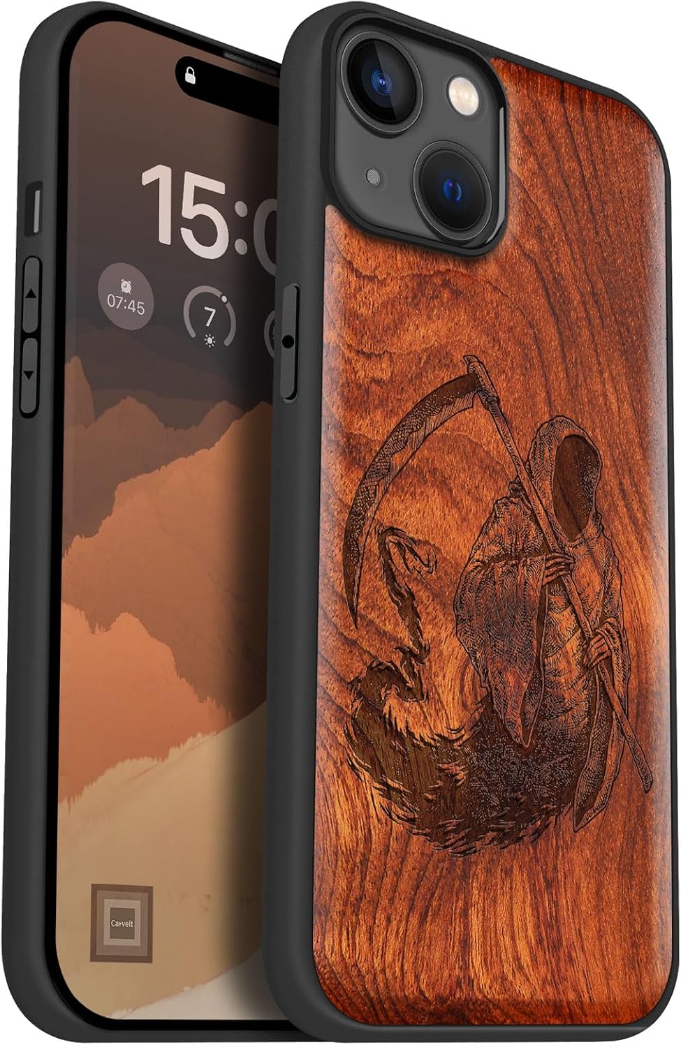 Carveit Magnetic Wooden Case for iPhone 15 Plus Case, Compatible with MagSafe Wireless Chargers, Black Soft TPU Shockproof Cover & Wood Artisan Engraved (The Grim Reaper) - Rosy