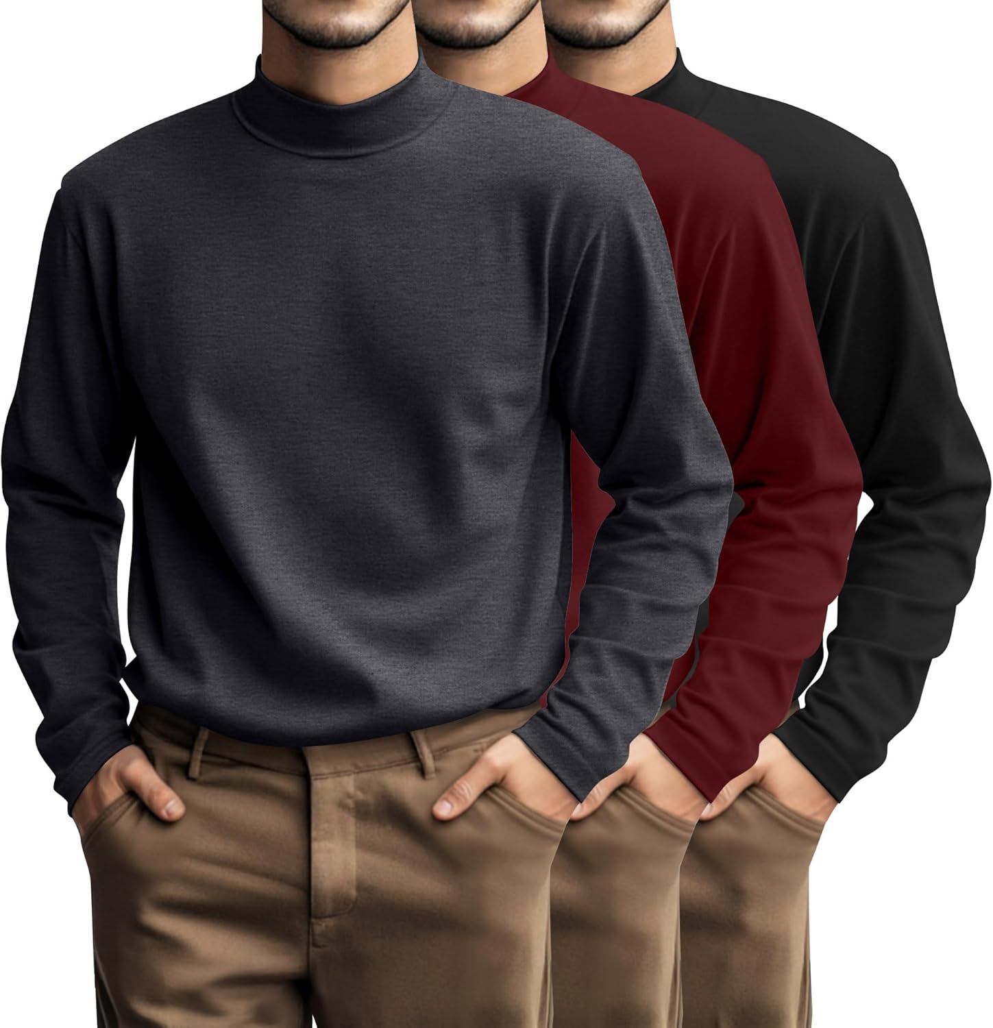Riyiper 3 Pcs Plus Size Men's Mock Turtleneck Shirt Long Sleeve Turtleneck Pullover Casual Undershirt Basic Base Layer