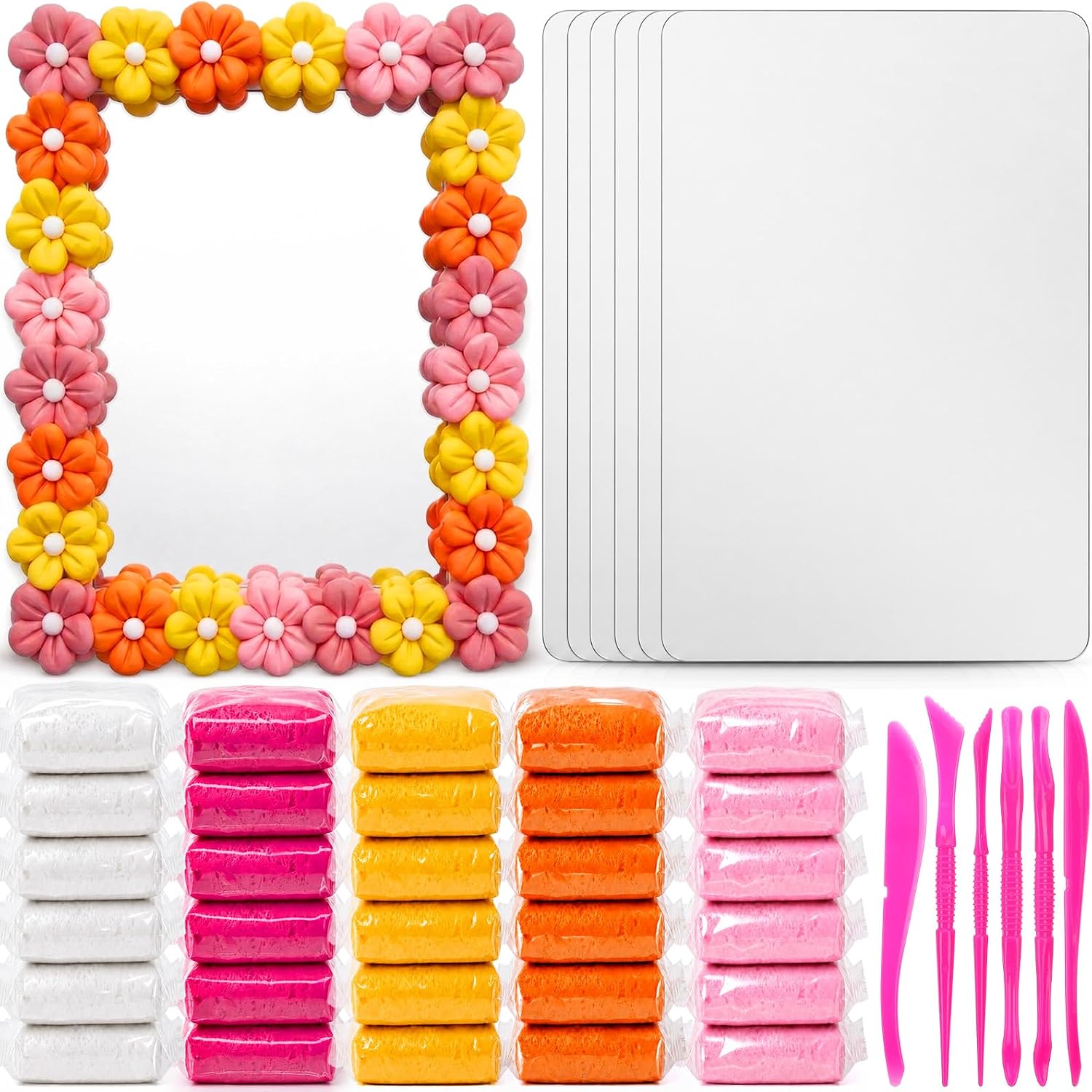 VioraWhite 6 Set DIY Mirror Crafts Kit Mini Flower Aesthetic Decorate Your Own Acrylic Mirrors Set with Modeling Clay and Sculpting Tools for DIY Craft Girl Party Favors Art Activities (Bright Color)