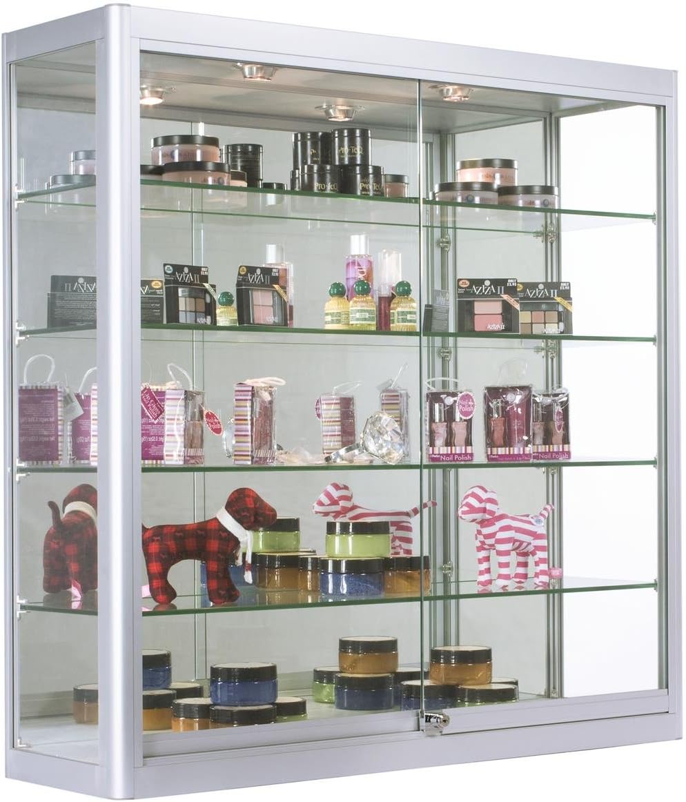 Displays2go Aluminum Cabinets with Glass Shelves for Wall Mount, 4 Tempered Glass Shelves, Height Adjustable – Silver (WC3912LEDS)