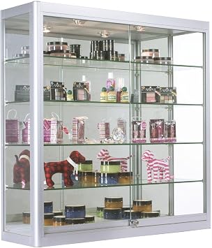 Displays2go Aluminum Cabinets with Glass Shelves, Silver