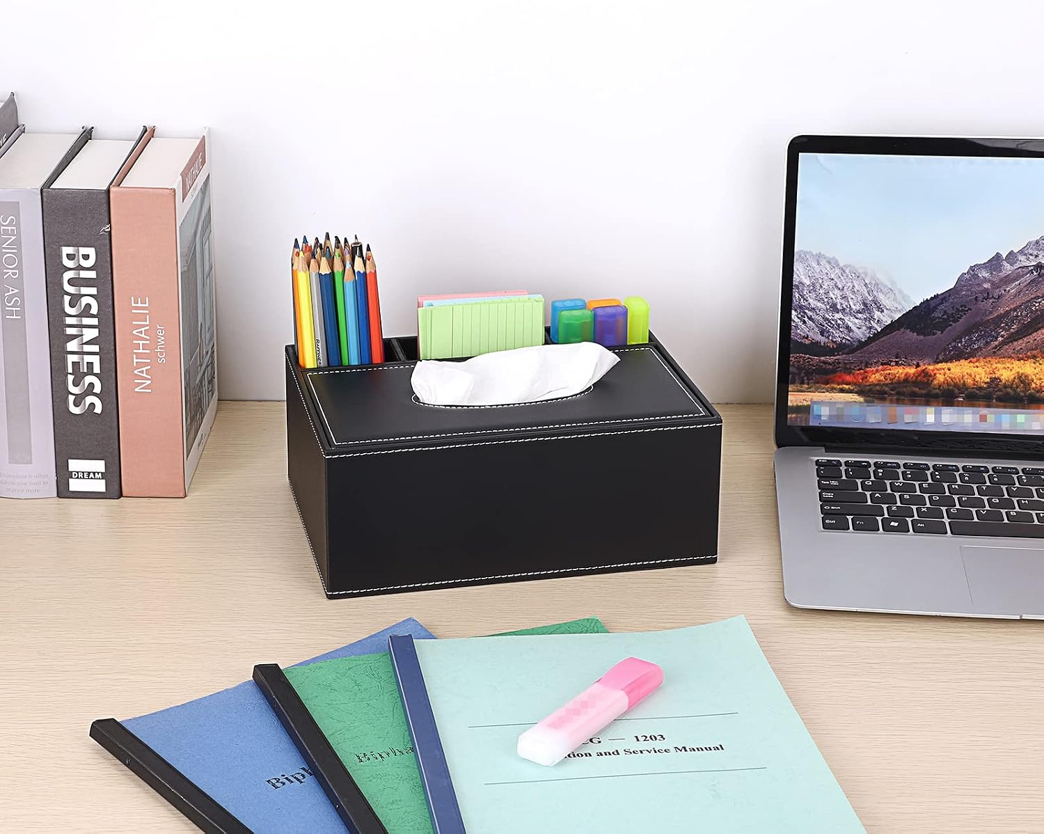 Sumnacon PU Leather Rectangular Tissue Box Cover - Multifunctional Tissue Box Holder with Stationery Remote Control Box, Decorative Tissue Pen Remote Organizer for Home/Office/Car/Restaurant, Black