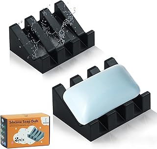 Silicone Soap Dish for Bar Soap Holder for Shower Bathroom Self Draining Waterfall Drying Tray Keep Soap Bars Dry Clean & Easy Cleaning (Black*2, 2)