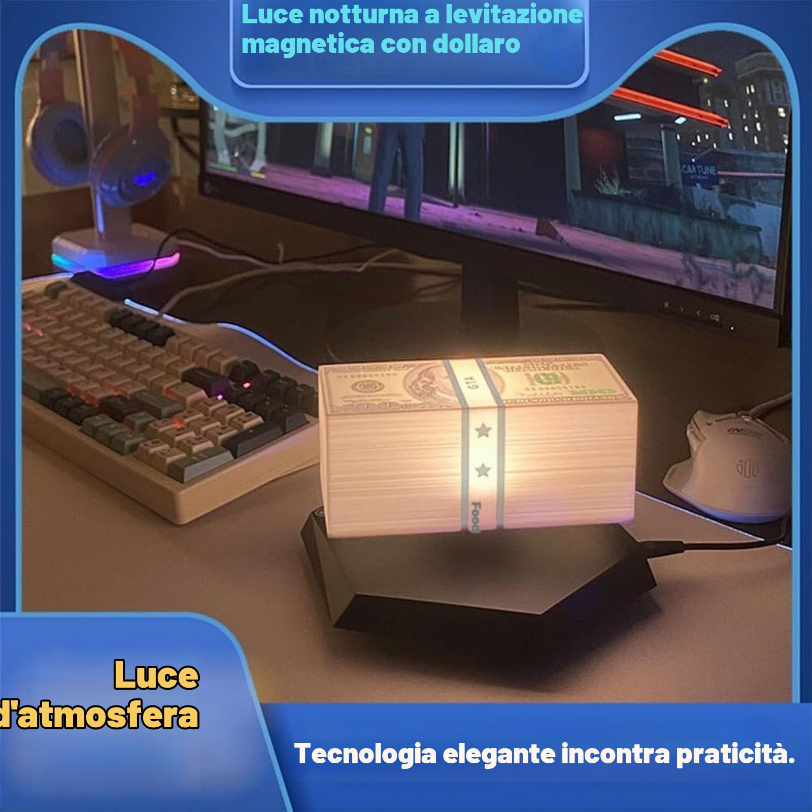 Lampada di denaro galleggiante,3D magnetica levitazione dollaro lampada con 3 colori LED luce, 360° rotante, Gadget scrivania per arredamento ufficio sala giochi, per gli amanti della tecnologia