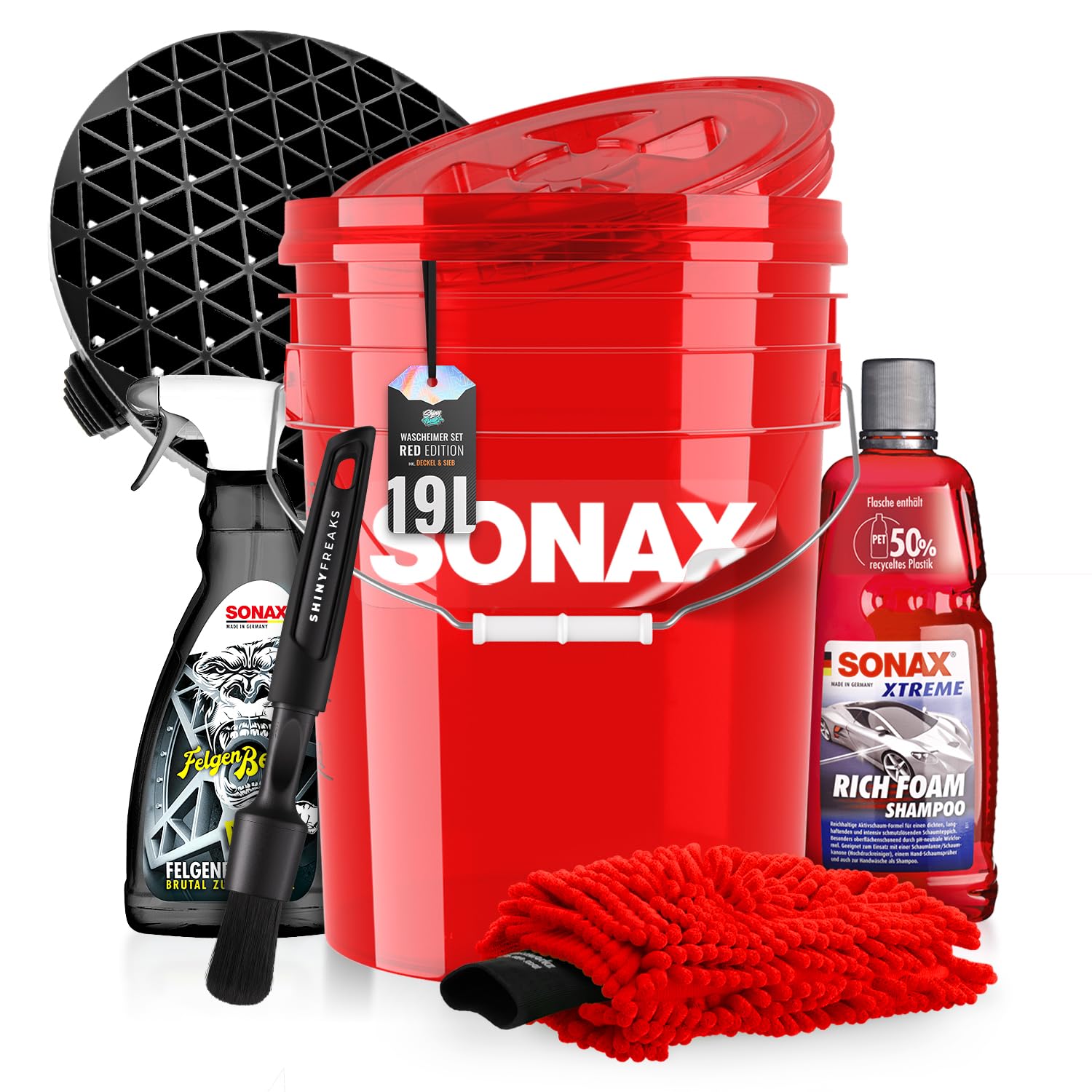 Auto Wascheimer Set 5GAL: Schmutzsieb & Deckel für die Auto Handwäsche + Sonax Rich Foam + Sonax FelgenBeast - schonende Reinigung & Pflege für Lack & Felgen - Auto waschen | 8-teilig