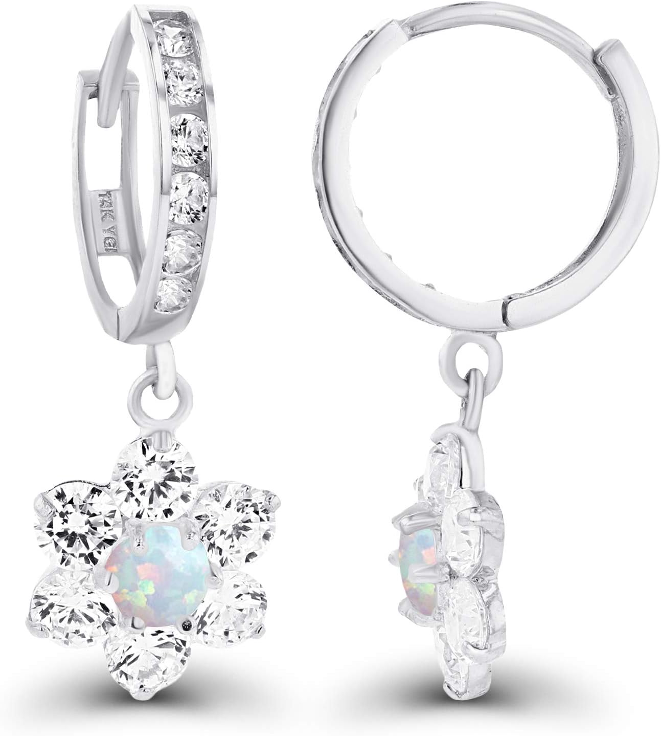 Solid 14K Gold 28x8mm Natural Birthstone Flower Huggie Dangle Earrings For Women | 3.50mm Round Cut Birthstone | 1mm Created White Sapphire Huggie Dangling Earrings For Women