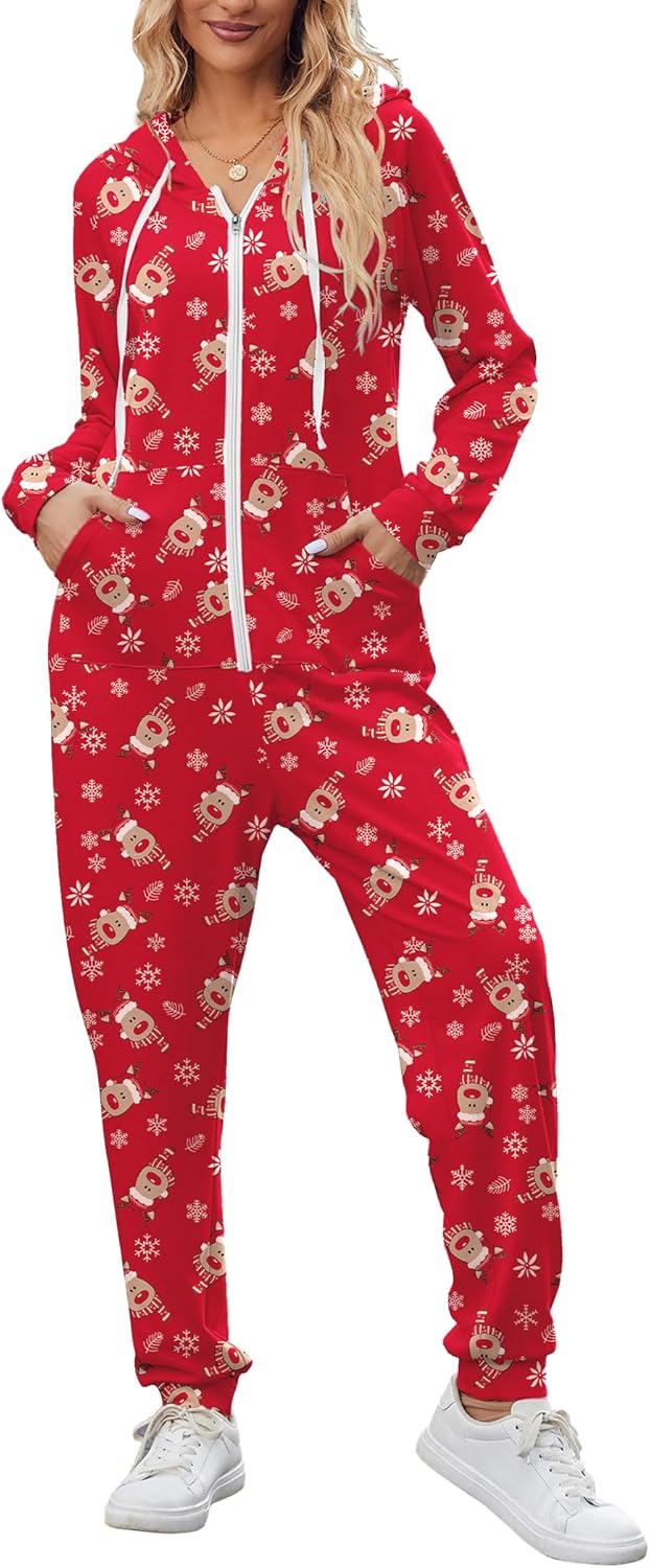 Ekouaer Christmas Onesies for Women Zipper Hooded Onesie Pajamas Adult Soft One Piece Pajama with Pockets