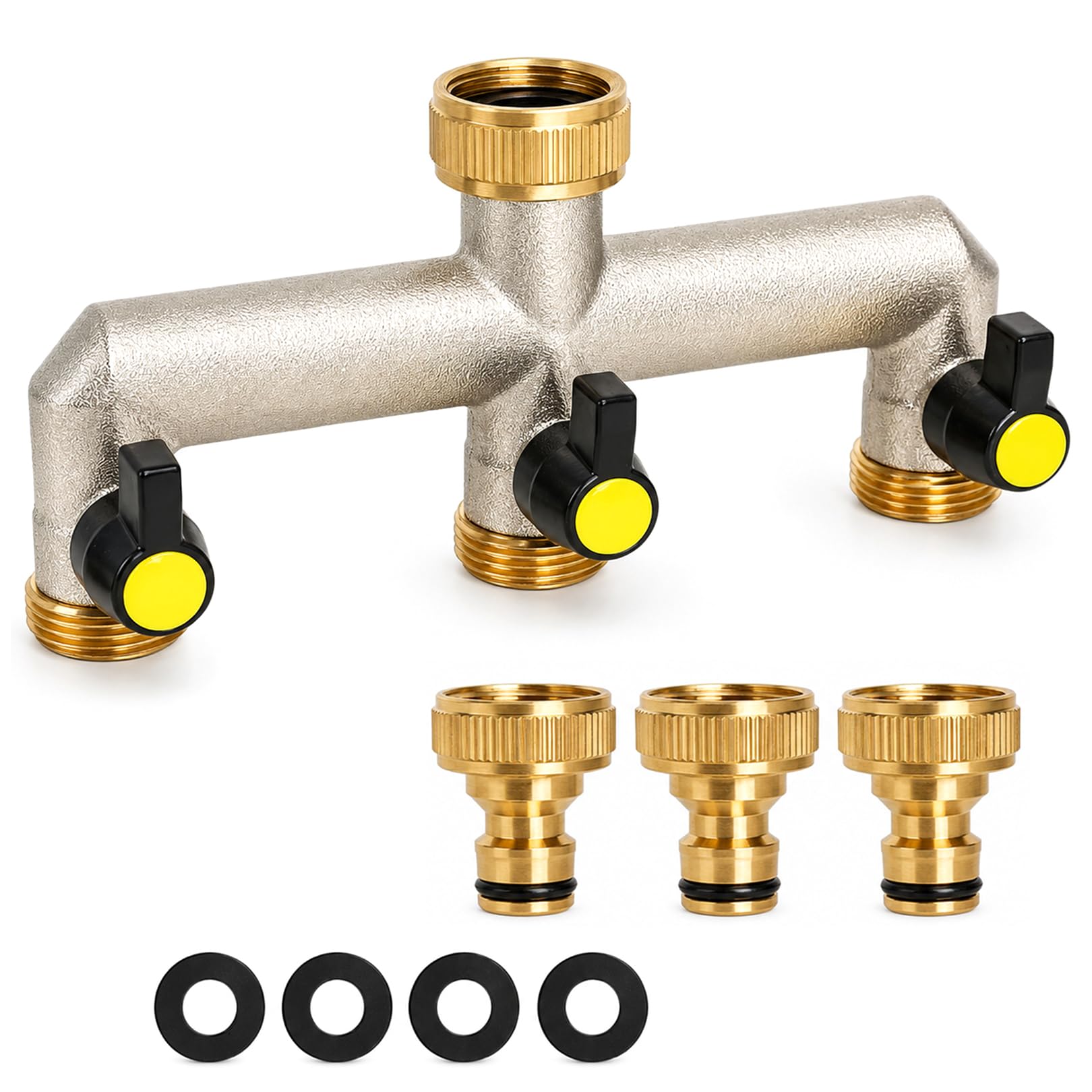 3 Way Garden Tap Splitter,Brass Garden Hose Splitter,3/4 Inch Hose Connector Diverter Adapter Pipe,Water Taps Distributor with On/Off Valves and Tap Connector Adapter,for Outdoor Garden Lawn Kitchen