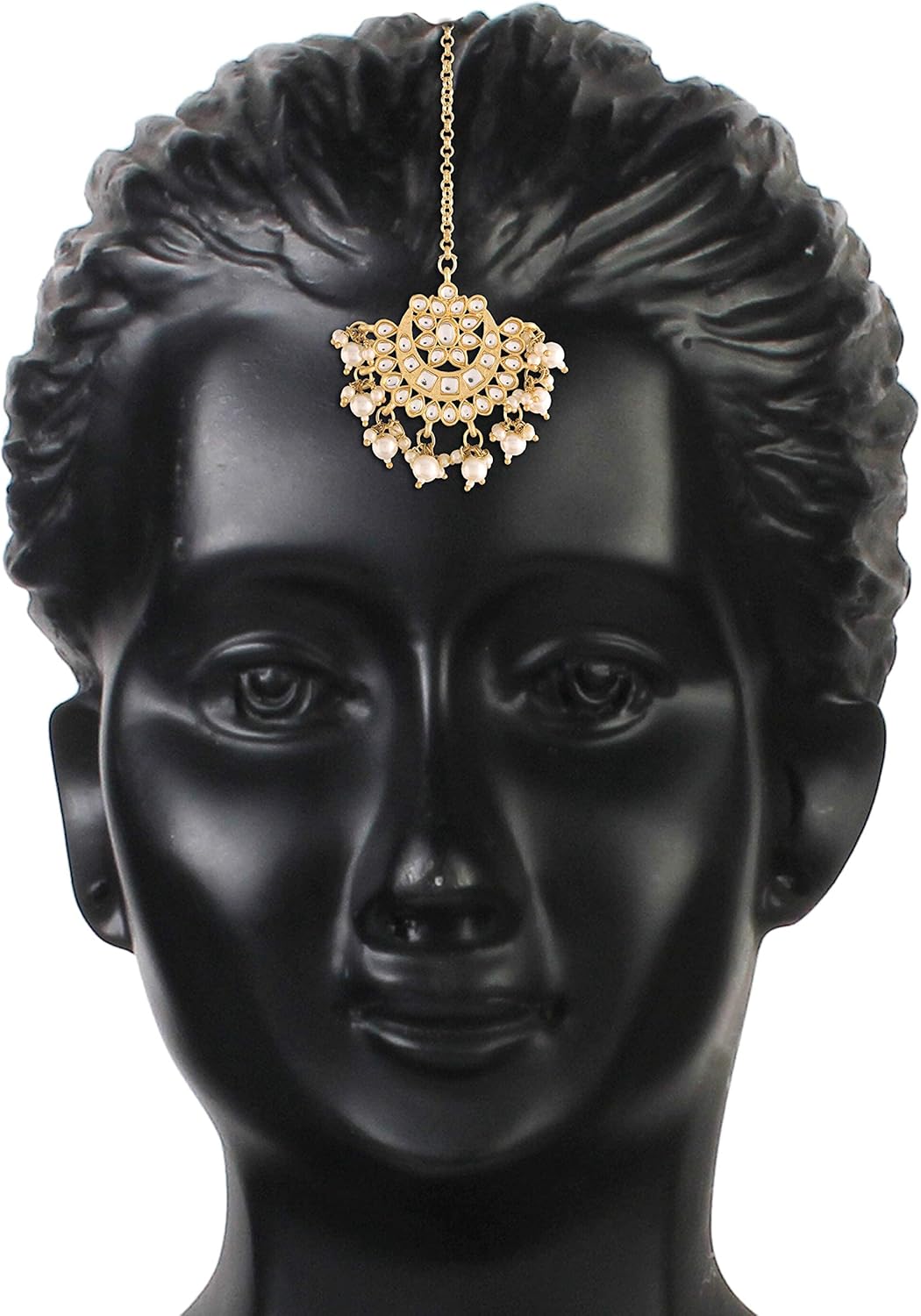 I Jewels Gold Plated Ethnic Matte Finish Traditional Kundan Studded Maang Tikka with Pearls for Women