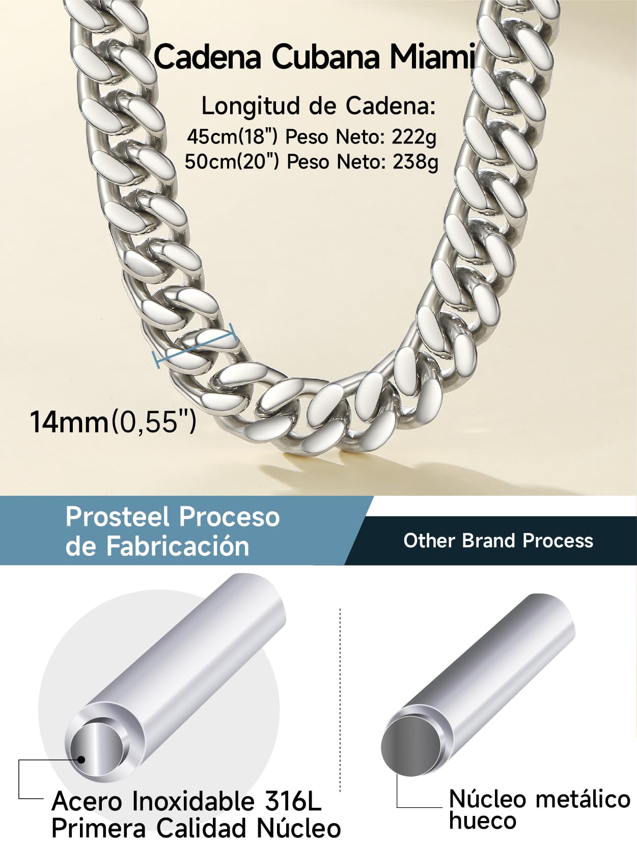 PROSTEEL Cadena Cubana Acero Inoxidable 5/12/14mm Collar Grueso Plateado/Dorado Cadenas Cubanas Eslabones Hip Hop Joyas de Mujer Hombre 46cm/51cm