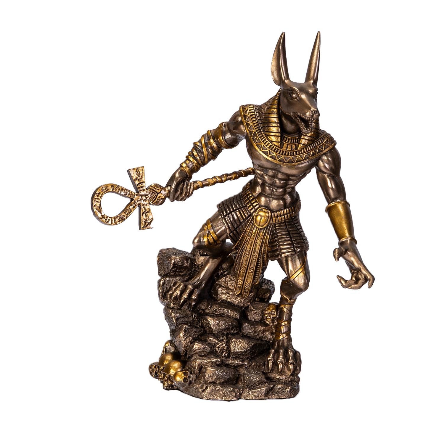 Figurine Anubis bronzée sur les rochers : statuette de collection dieu égyptien et guerrier antique