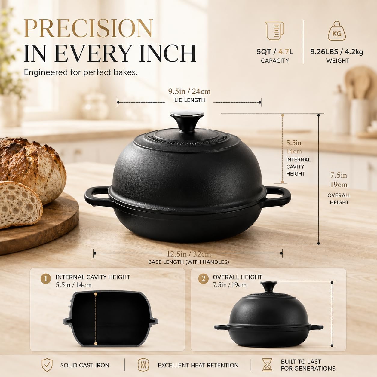 5QT Matte Black Enameled Cast Iron Dutch Oven for Bread Baking