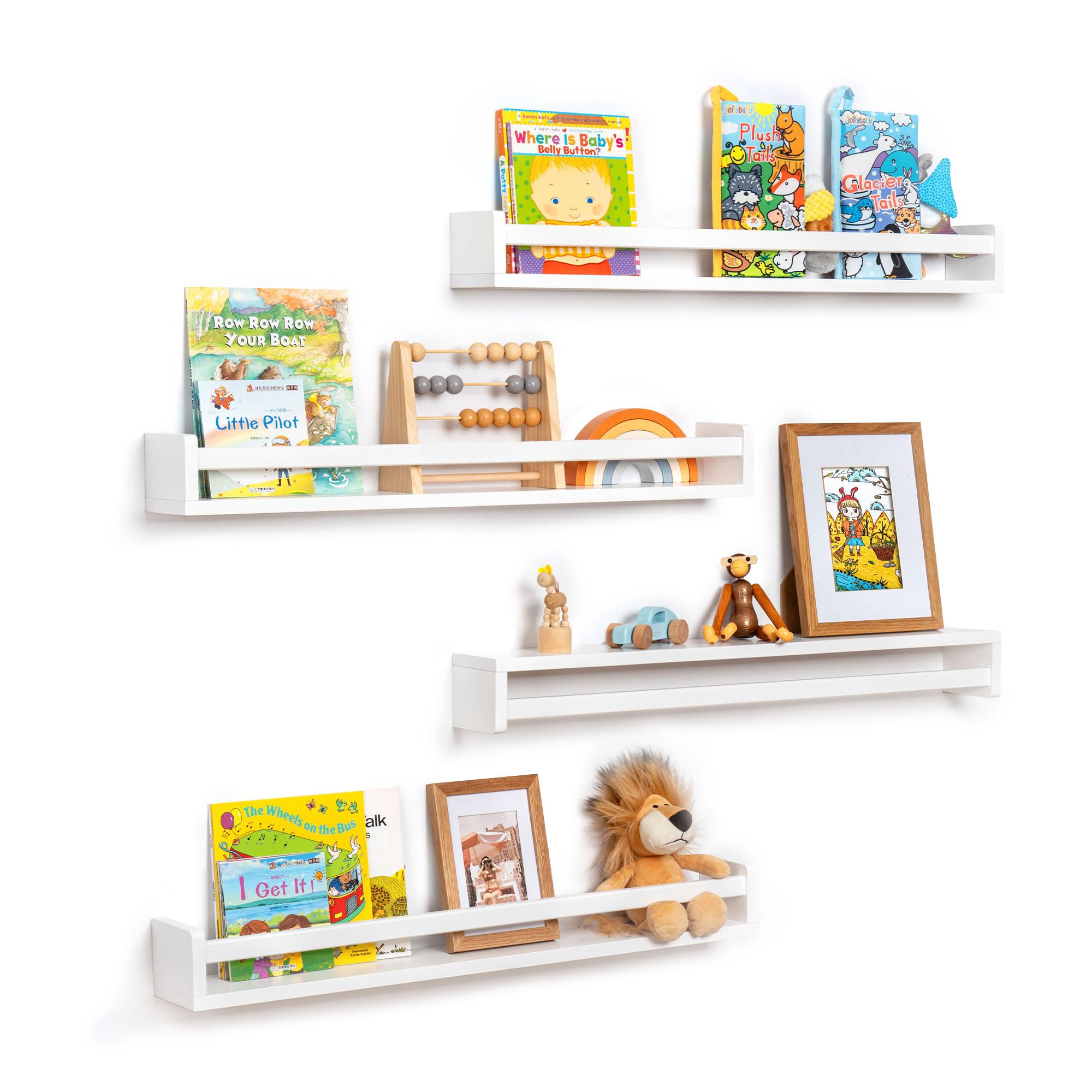 Fun Memories Nursery Book Shelves - Rustic Natural Solid Wood Floating Bookshelf for Kids - Wall Book Shelves for Kids Room (White, 32inch - 4P)